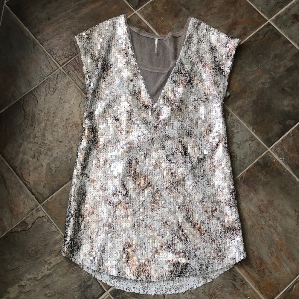 Free People silver sequins shift dress sz Small